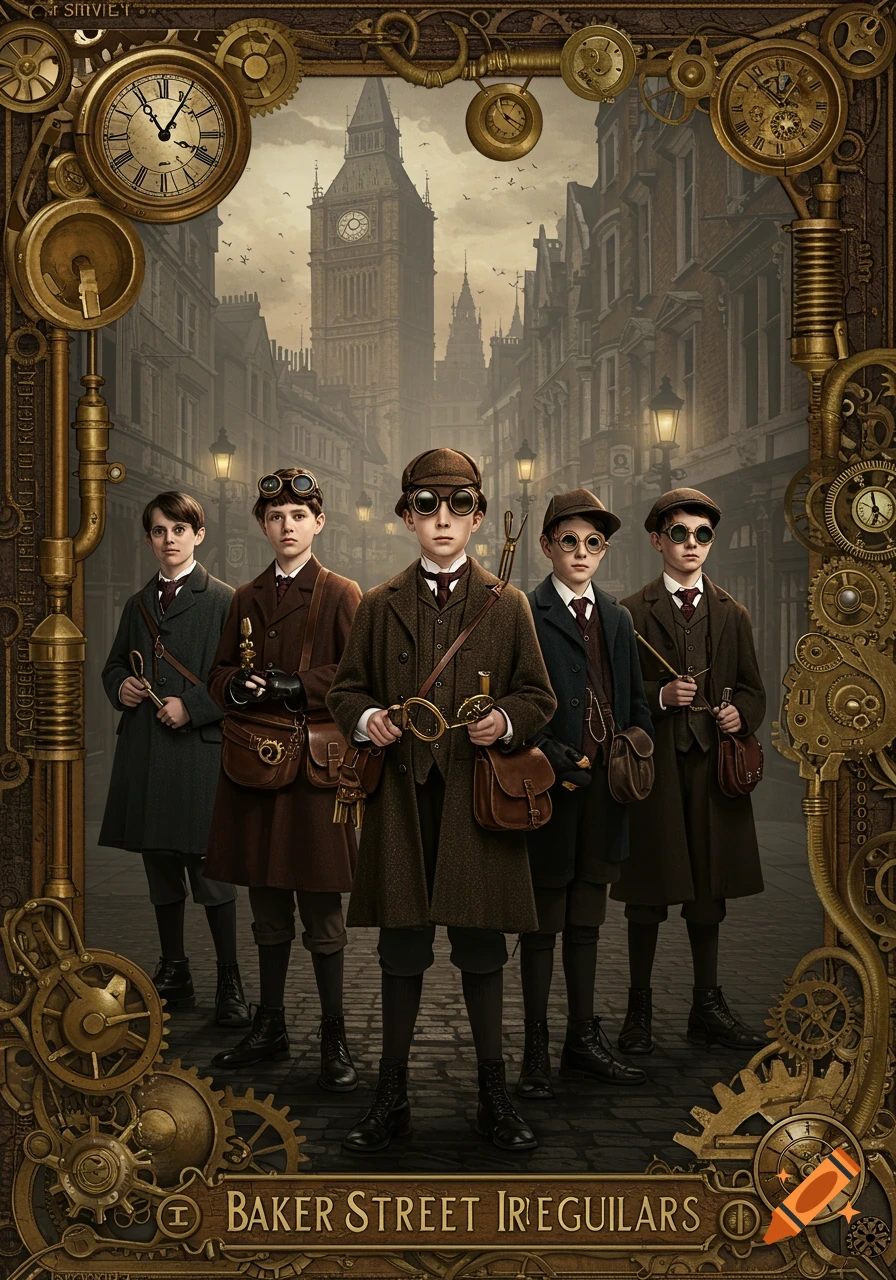 Five boys in steampunk attire with goggles and coats stand on a London street with Big Ben, framed by gears. Text reads 'Baker Street Irregulars'.