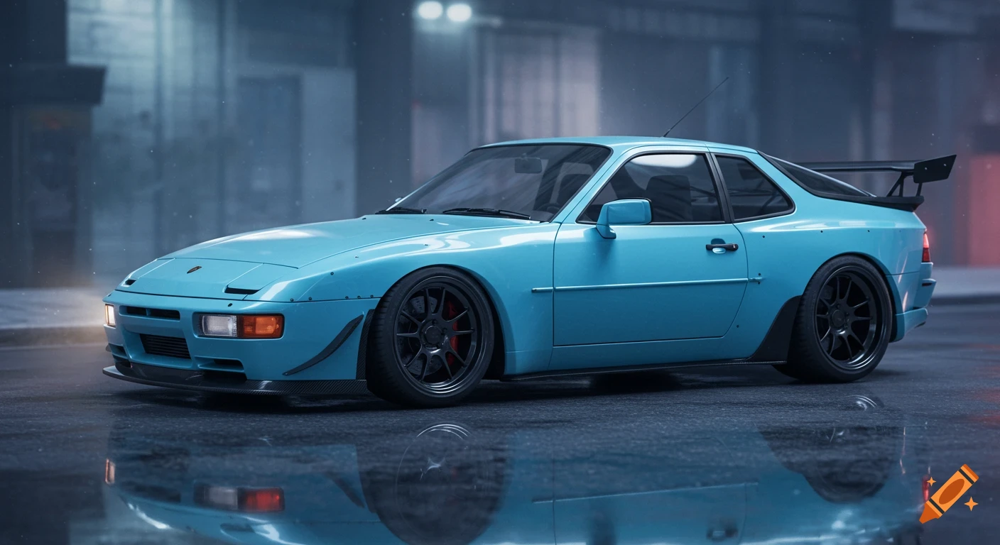 Tiffany blue Porsche 944 turbo with wide body kit, matte black rims, and carbon fiber spoilers on a wet street at night.