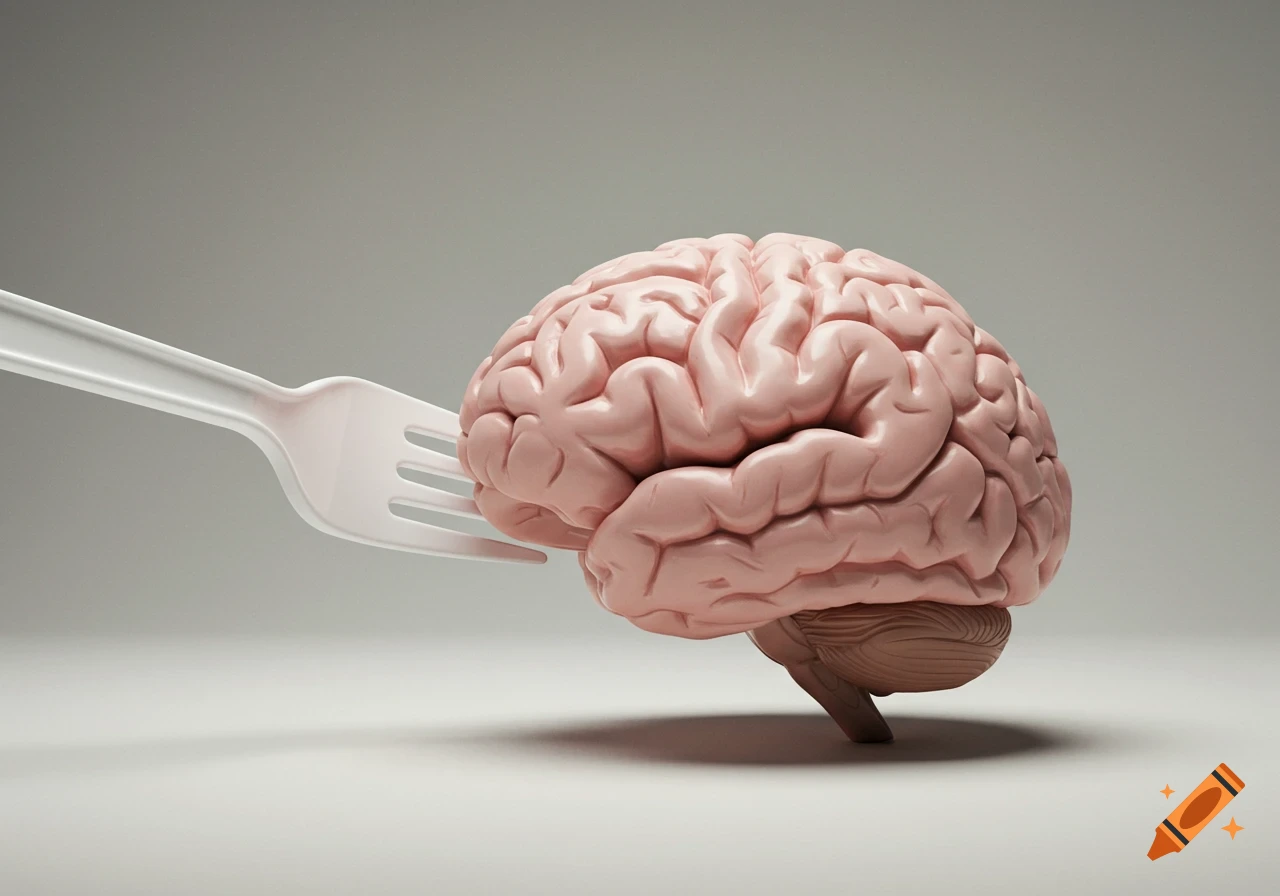 A photorealistic image of a human brain with a white plastic fork stuck into it, against a plain grey background.