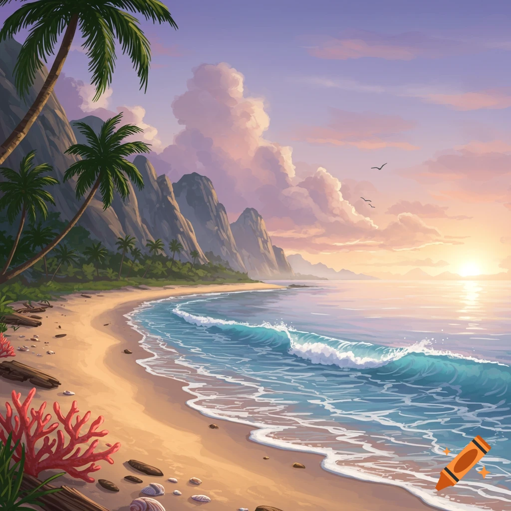 A vibrant illustration of a tropical beach at sunset, with blue waves breaking on the sand, tall palm trees, and mountains.