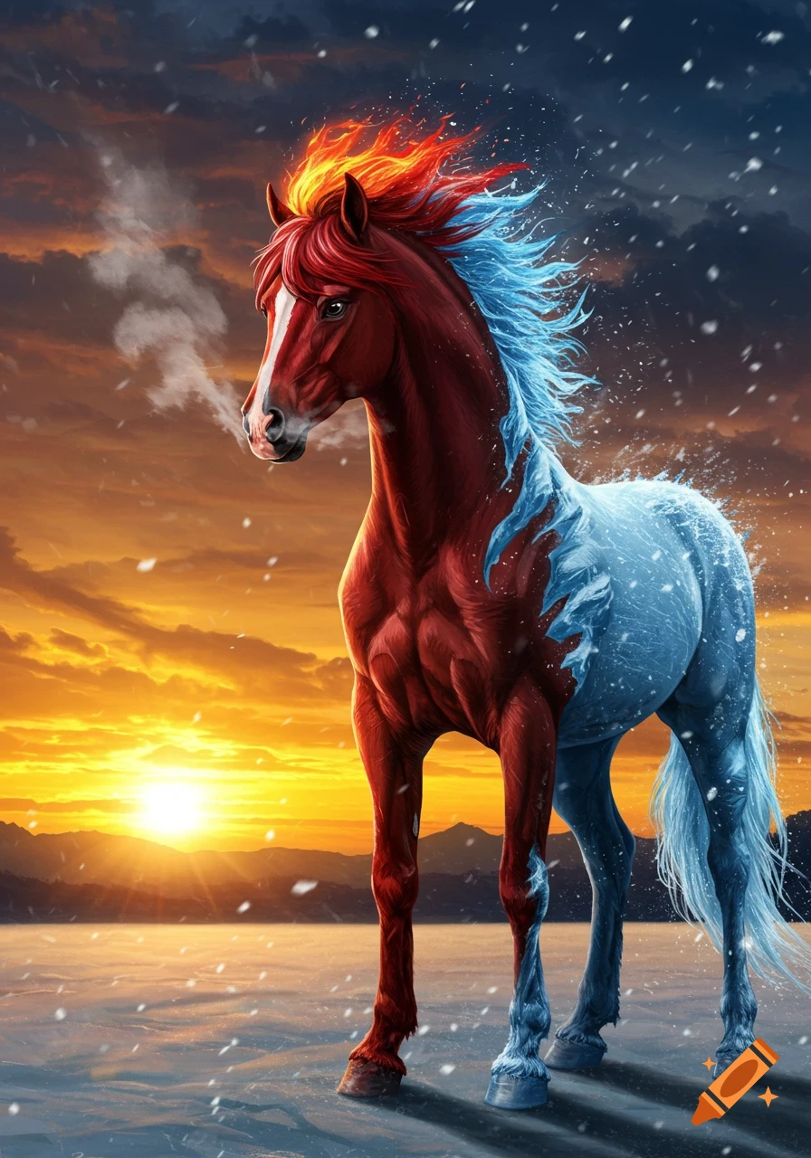 A powerful horse, half fiery red and half icy blue, stands in a snowy sunset landscape with mountains.