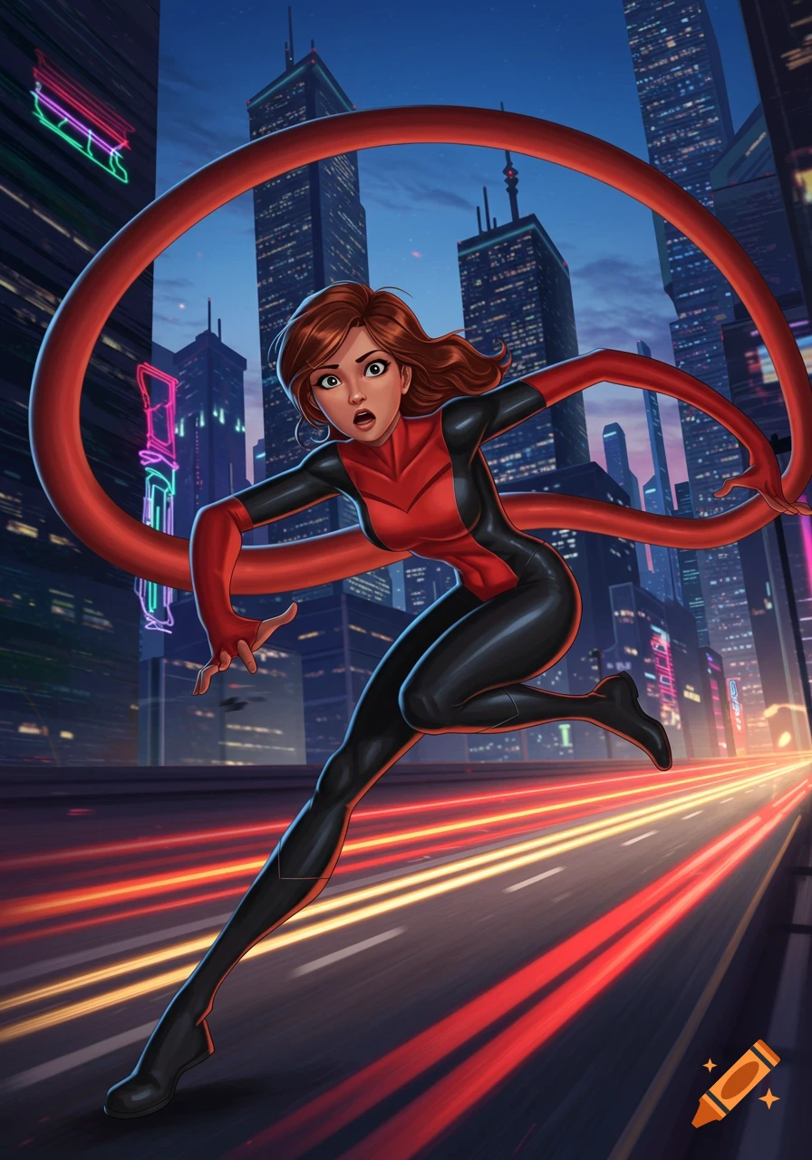 A dynamic illustration of a red-haired superheroine in a red and black suit, stretching her arms, running through a vibrant cityscape at night with light trails.