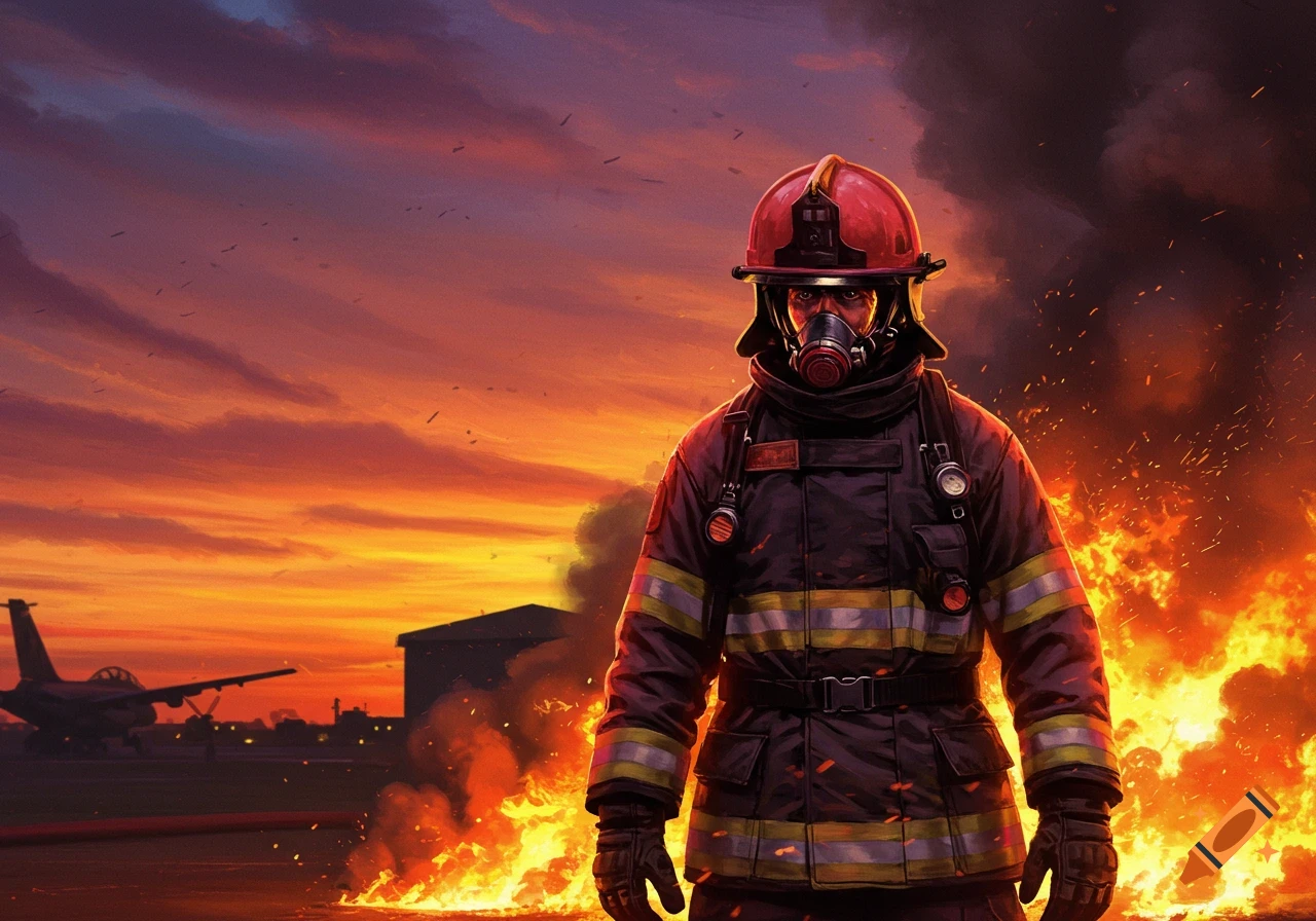 A firefighter in a red helmet and gas mask stands before a raging fire at an airport during sunset, digital painting.