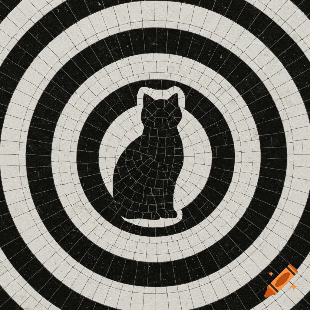 A black cat silhouette in the center of a black and white mosaic pattern of concentric circles.