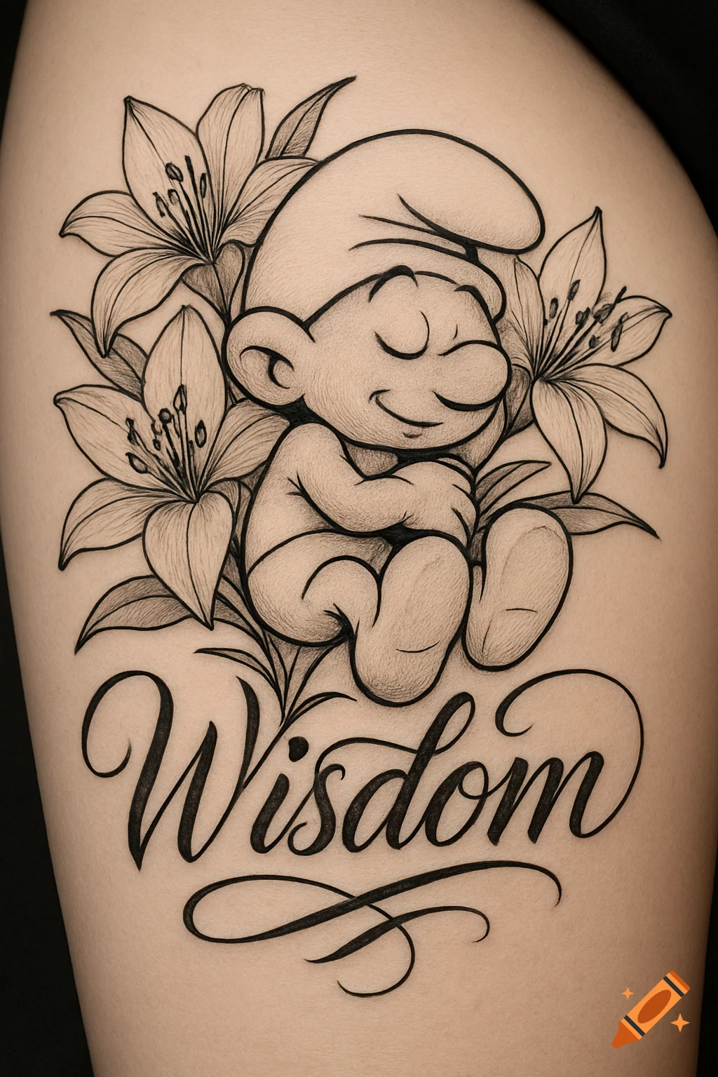 Black and white tattoo of a sleeping Smurf character among lilies with the word 'Wisdom' on a thigh.