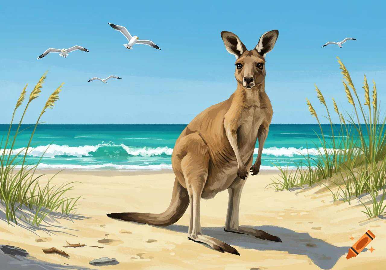 A kangaroo stands on a sandy beach. The ocean with waves is in the background, with seagulls flying and beach grass on the dunes.