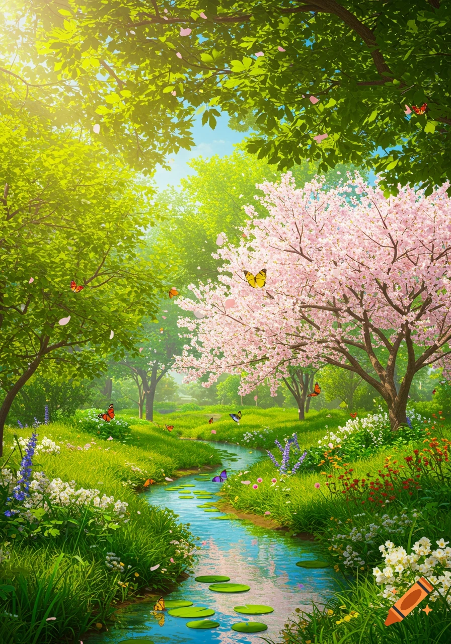 A vibrant spring landscape featuring lush green trees, a blooming pink cherry blossom tree, a winding stream with lily pads, and colorful butterflies.