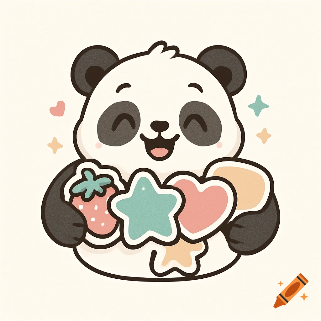 Adorable cartoon panda hugging colorful pastel stickers including a strawberry, star, and heart.