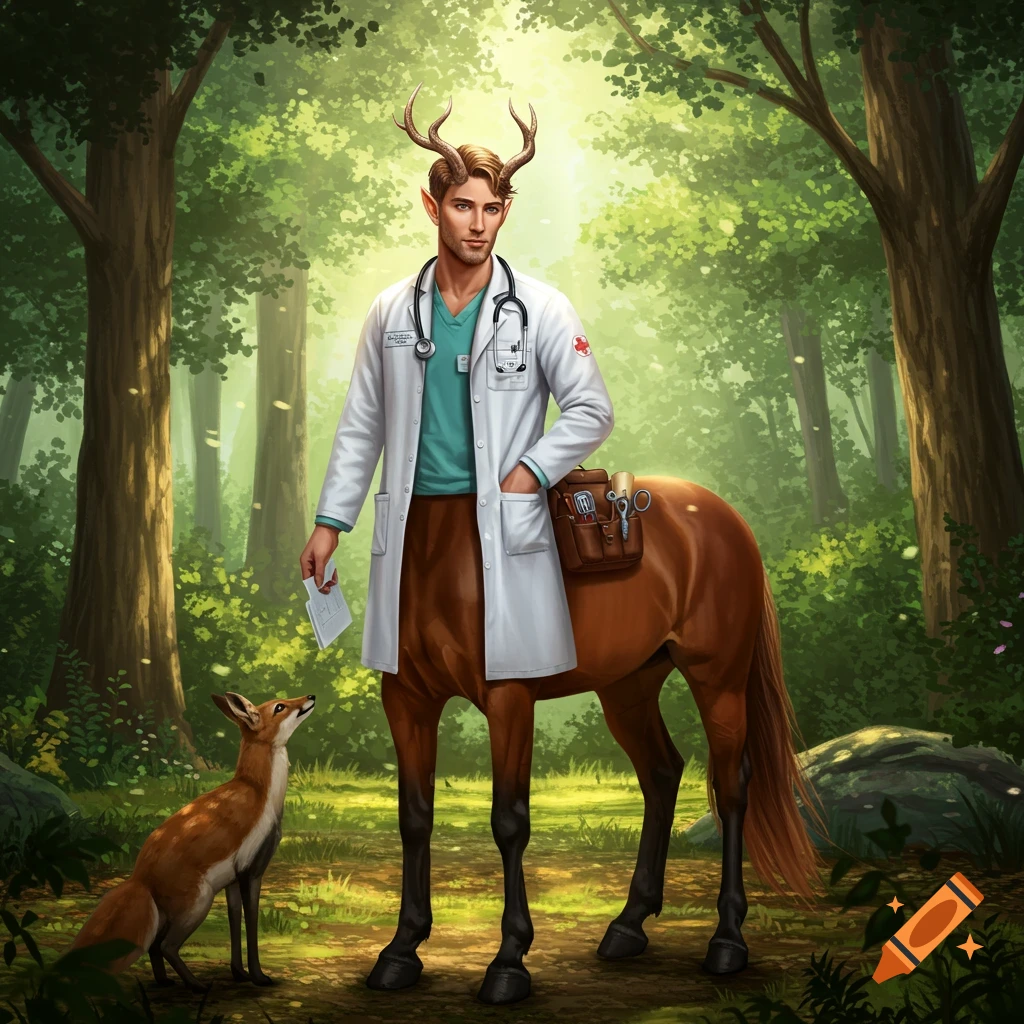 A male doctor centaur with antlers, in a lab coat and stethoscope, holding papers in a sunlit forest, with a fox looking up at him.