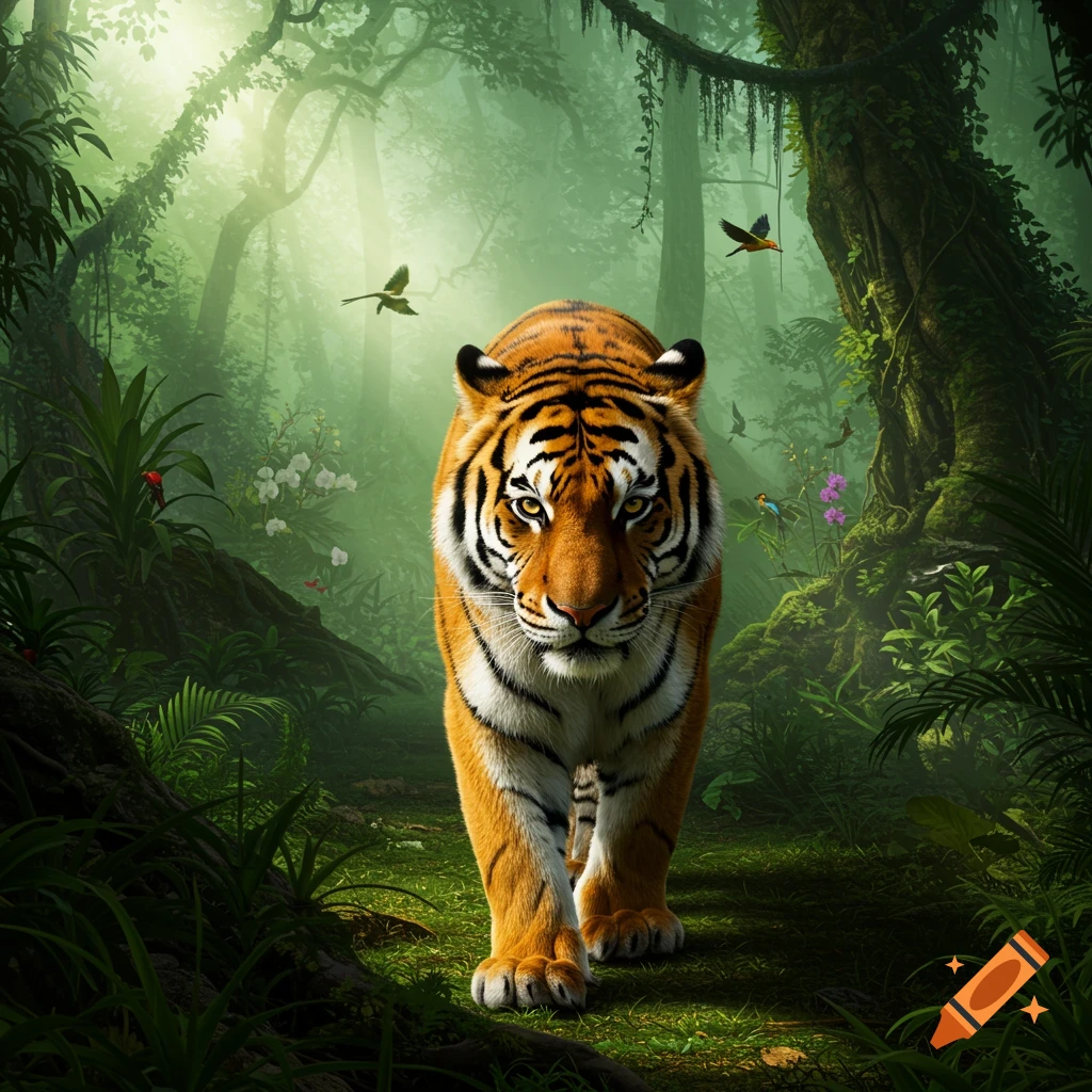 A photorealistic tiger walks through a lush, misty jungle with sunlight streaming through the trees.