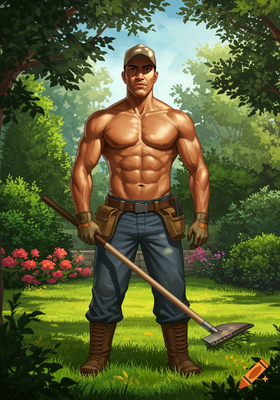 Muscular Hispanic man, shirtless with a baseball cap, holding a rake in a vibrant garden, digital illustration.