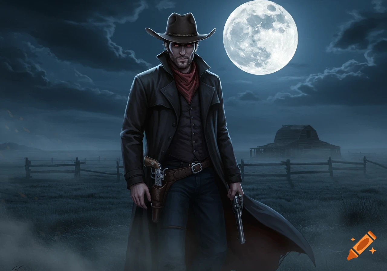A dark fantasy illustration of a cowboy vampire with red eyes, holding a revolver, in a misty field under a full moon.