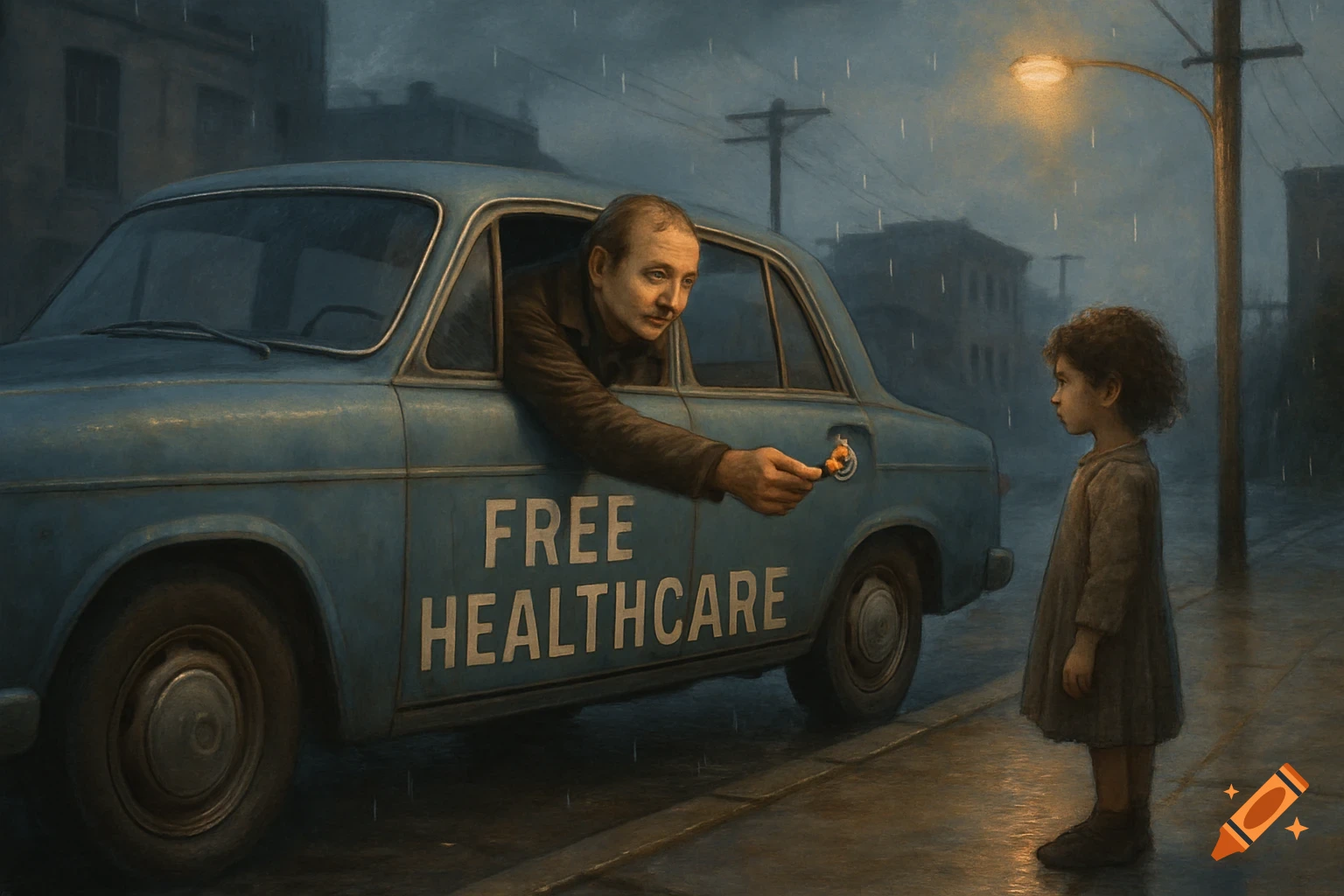 A man in a blue car on a rainy street offers candy to a small girl. The car has 'FREE HEALTHCARE' written on its side. Painterly style.
