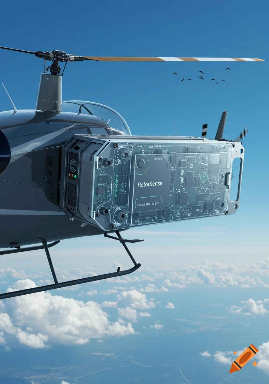A photorealistic image of a helicopter flying in a clear blue sky, featuring a transparent avionic device with visible circuitry attached to its side.