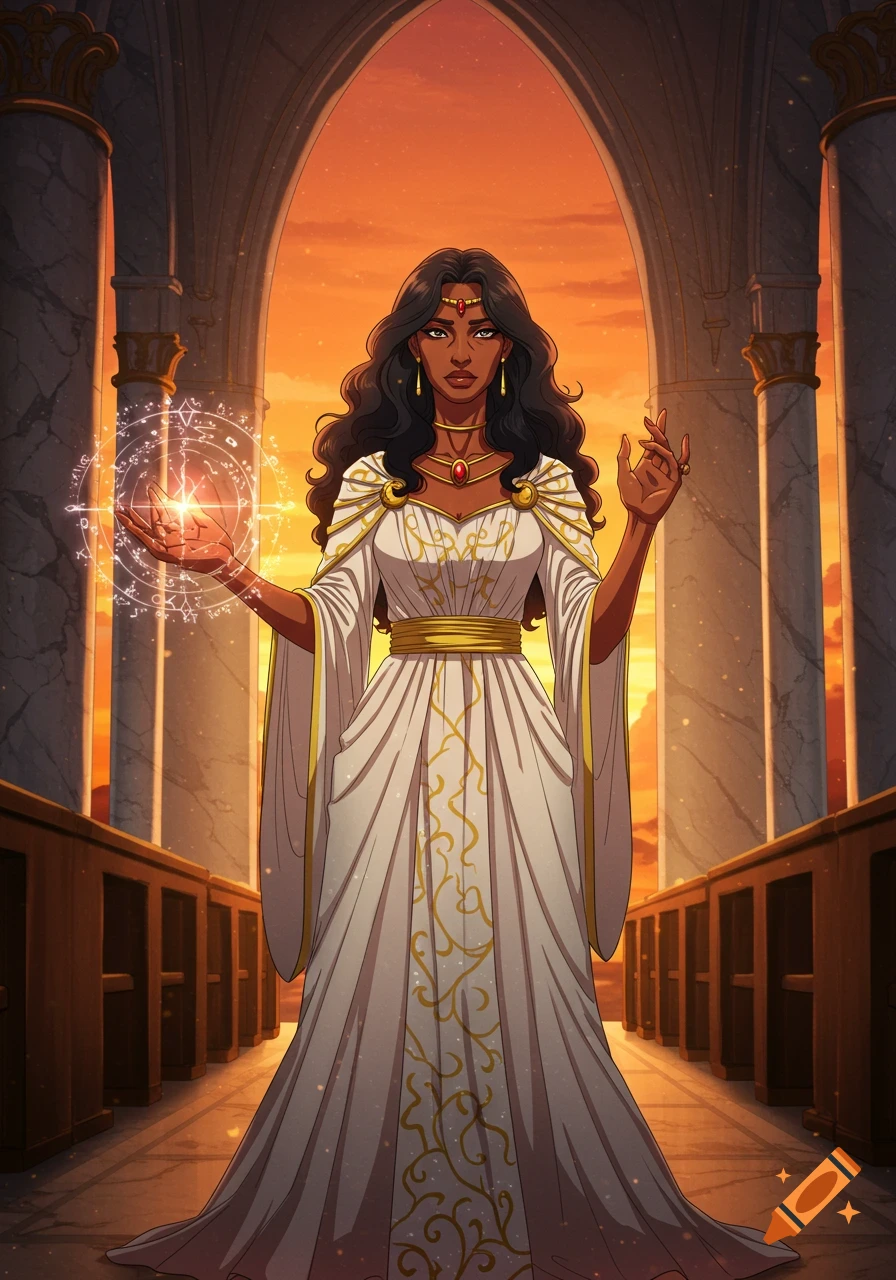 A queen with long dark hair in a white and gold gown, casting magic in a grand cathedral at sunset, in an anime style.