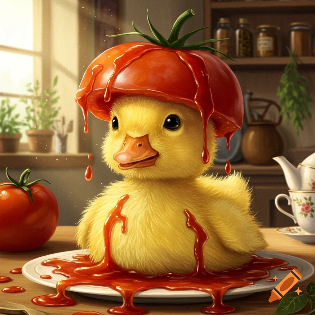A cute baby duck with a stewed tomato on its head, tomato sauce dripping onto a plate in a kitchen.