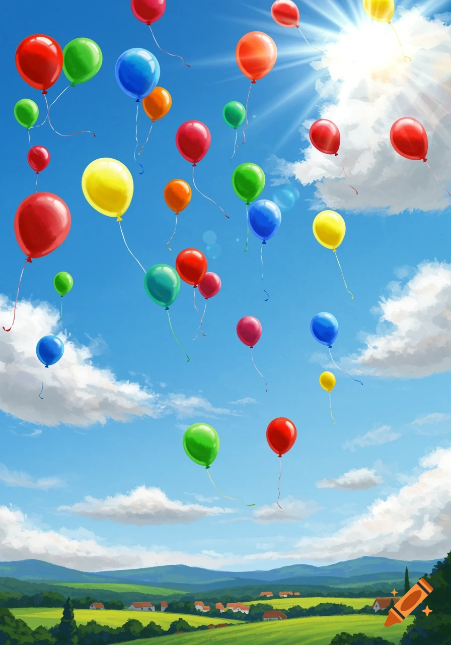 Colorful balloons float in a bright blue sky with white clouds over a green landscape with small houses and mountains.
