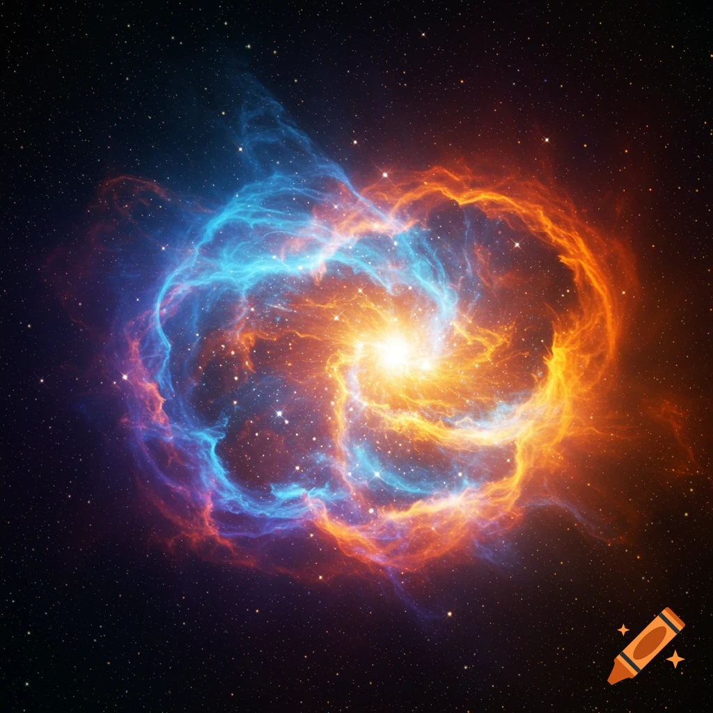 A vibrant swirling nebula with blue and orange gases and a bright center against a starry dark space.