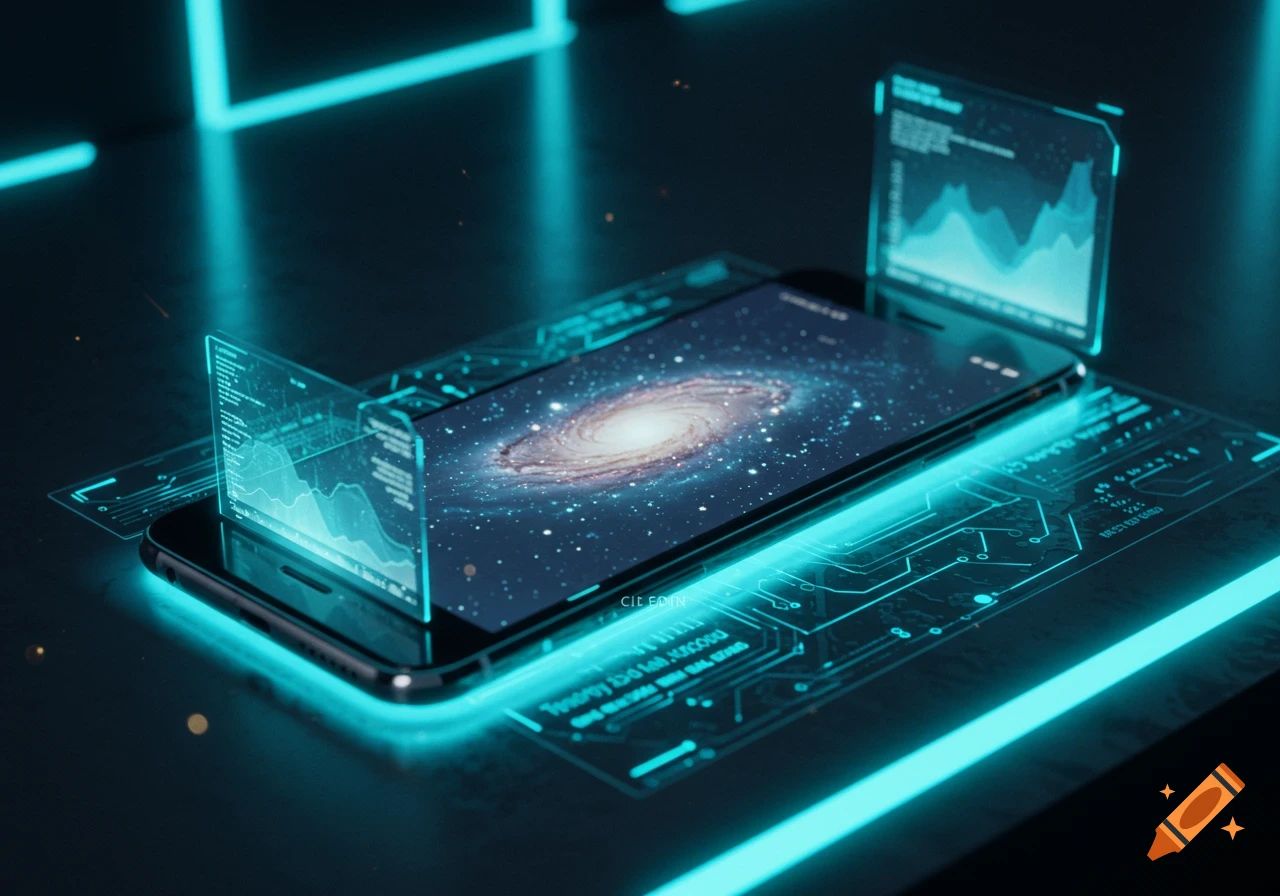 A smartphone displaying a swirling galaxy, surrounded by glowing blue holographic interfaces and circuitry on a dark, futuristic surface.