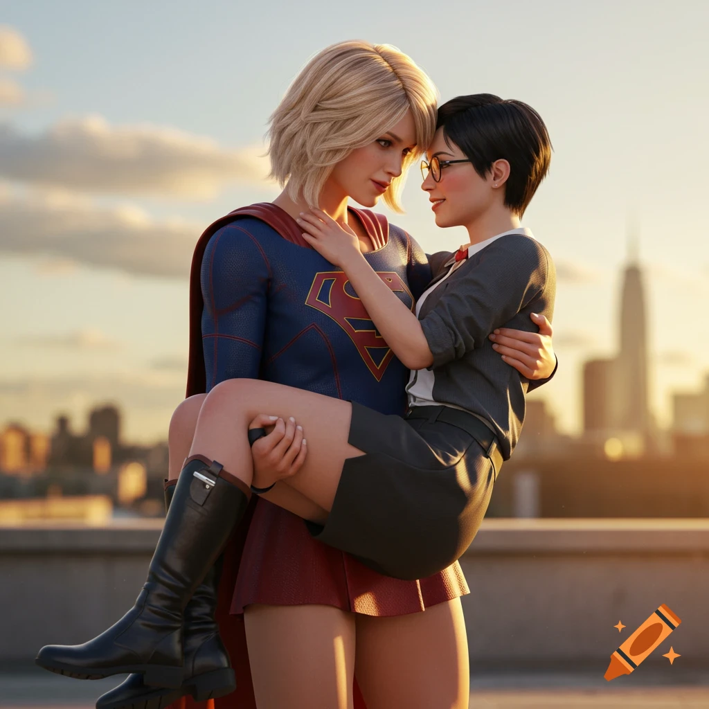 Photorealistic digital art of Supergirl carrying her short-haired girlfriend bridal style against a city skyline at sunset.