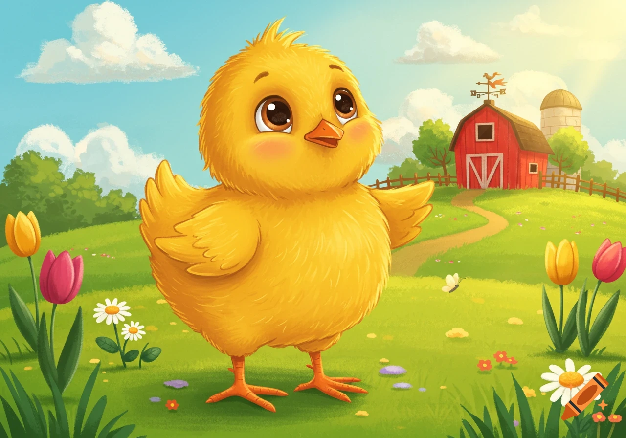A cute cartoon yellow chick stands in a vibrant green field with a red barn, colorful tulips, and daisies under a blue sky.