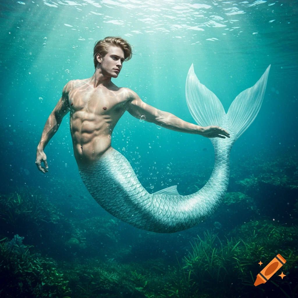 A muscular merman with blonde hair swims gracefully underwater, his shimmering white tail visible.