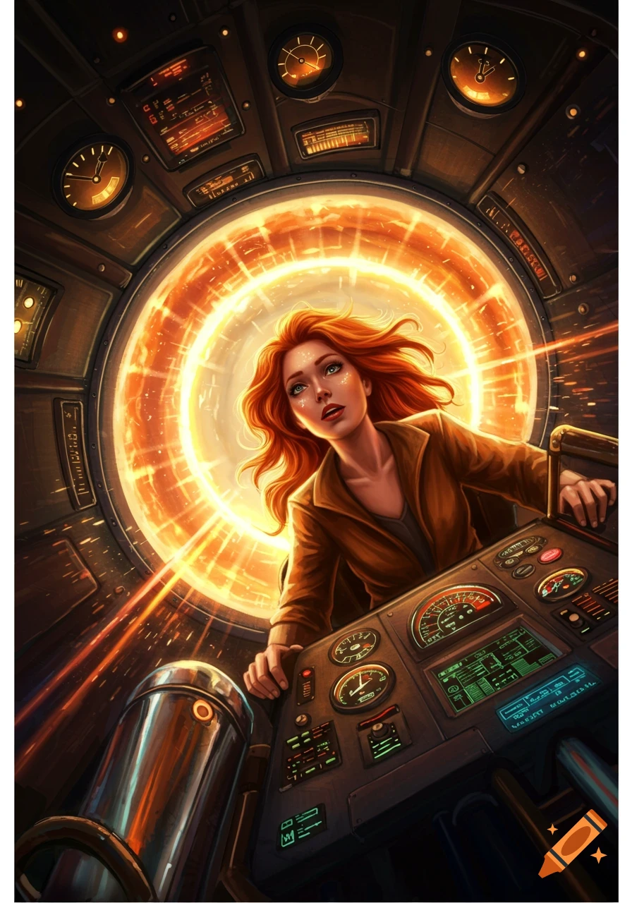 A red-haired woman operates a control panel in a time machine with a glowing orange time portal behind her, in a stylized illustration.