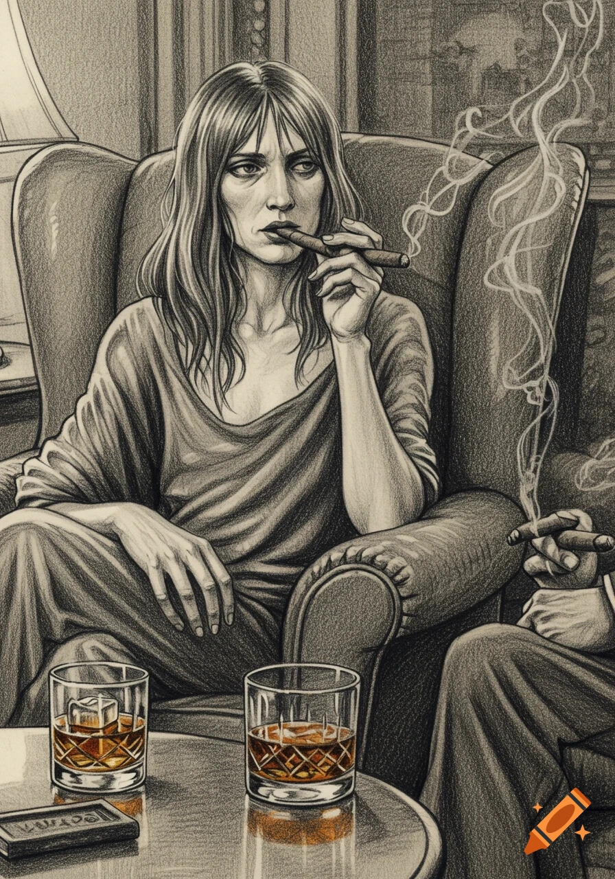 A detailed pencil drawing of a woman with long hair sitting in an armchair, smoking a cigar. Two glasses of whiskey are on a table in front of her. Smoke billows from her cigar and another cigar held by an unseen person on the right.