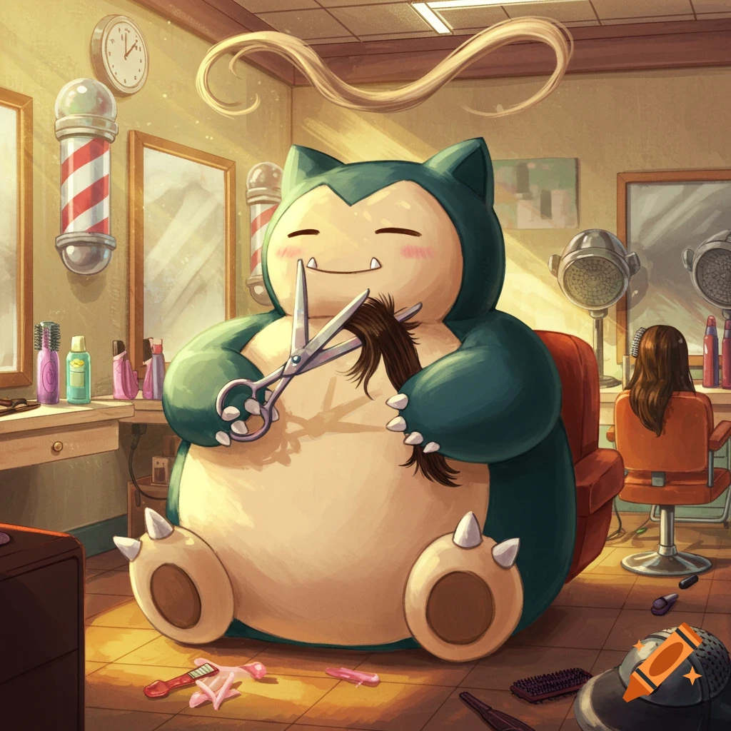 Snorlax, the large blue and beige Pokemon, happily cuts a lock of hair with scissors in a bright cartoon barber shop.