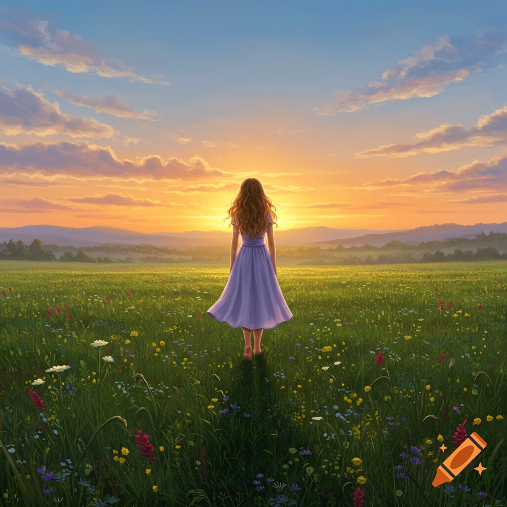 A woman with long wavy hair, seen from behind, stands in a vast grassy field filled with wildflowers, facing a vibrant sunset over distant mountains.