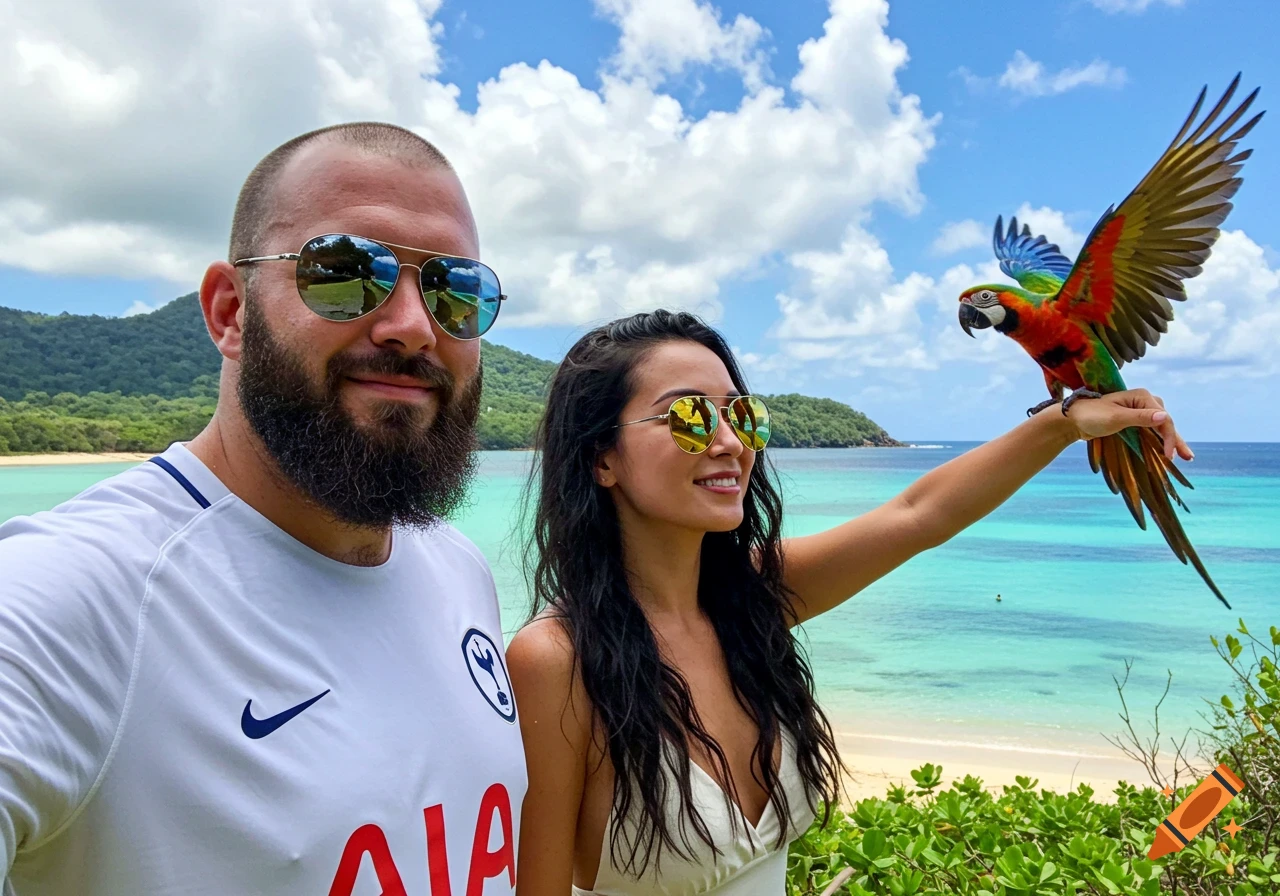 A couple on a tropical beach with a colorful parrot on the woman's arm. Blue ocean and sky are in the background.