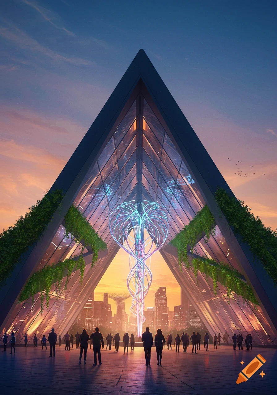 Large triangular glass building with a glowing colorful sculpture inside, silhouetted people on a plaza, and a city skyline at sunset.