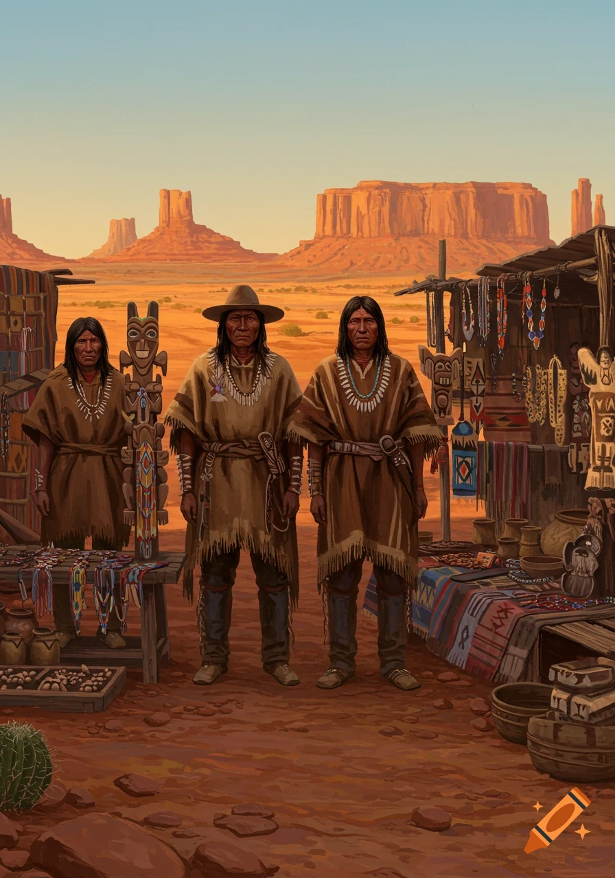 Three Native American men stand in a vibrant desert market stall, surrounded by crafts and traditional goods, with mesas in the background.