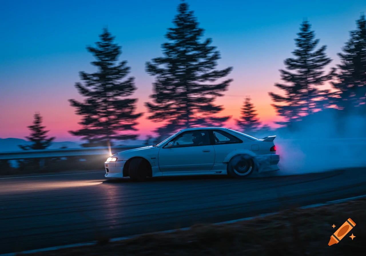 A white sports car drifts on a road at sunset, smoke billowing from its tires, with blurred pine trees and a vibrant blue and pink sky in the background.