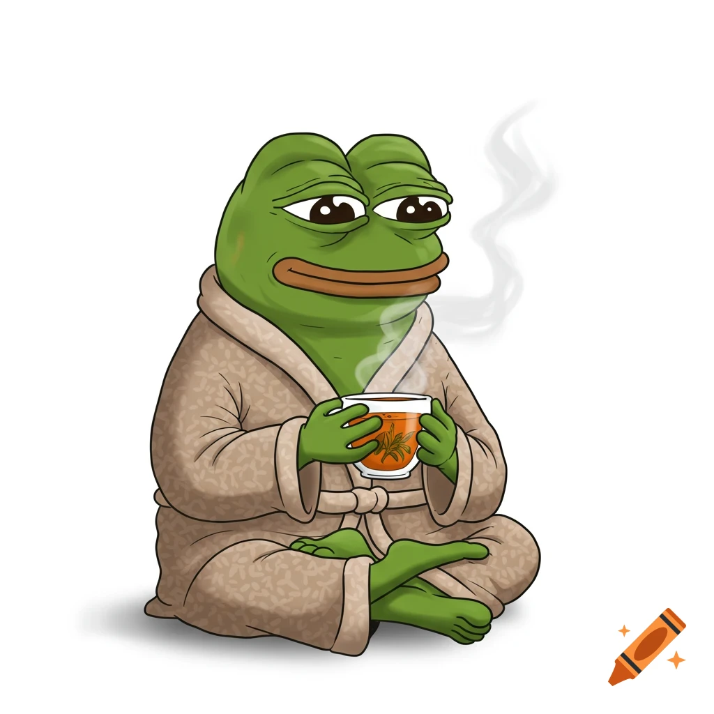 Cartoon of Pepe the frog sitting cross-legged in a bathrobe, holding a steaming cup of tea, on a white background.