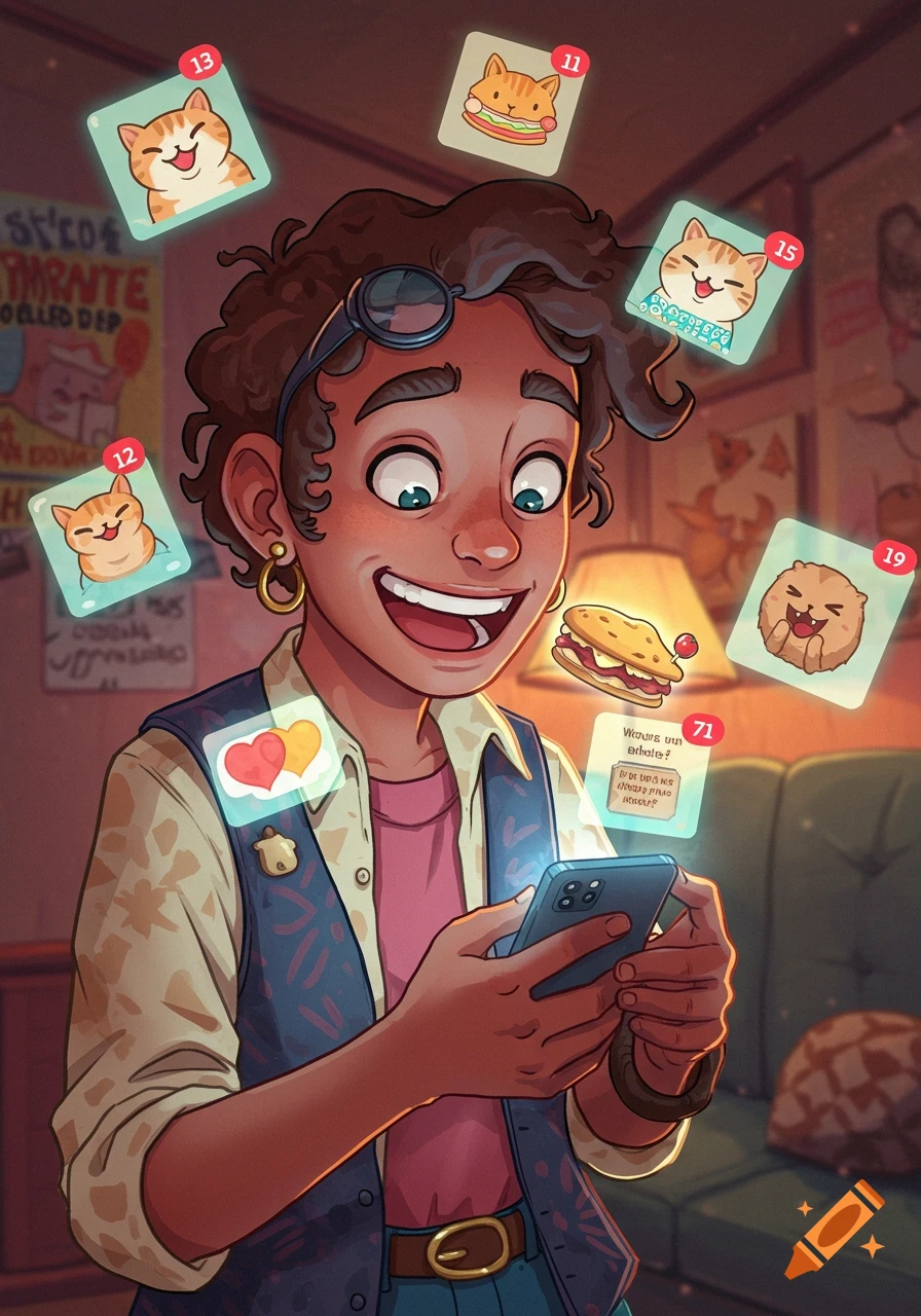 A person happily looking at their phone, surrounded by floating social media notifications with cartoon cats, a burger, and comments. Cartoon style.