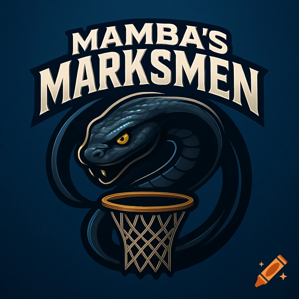 A sports logo featuring a black mamba snake wrapped around a basketball hoop with the text "Mamba's Marksmen".