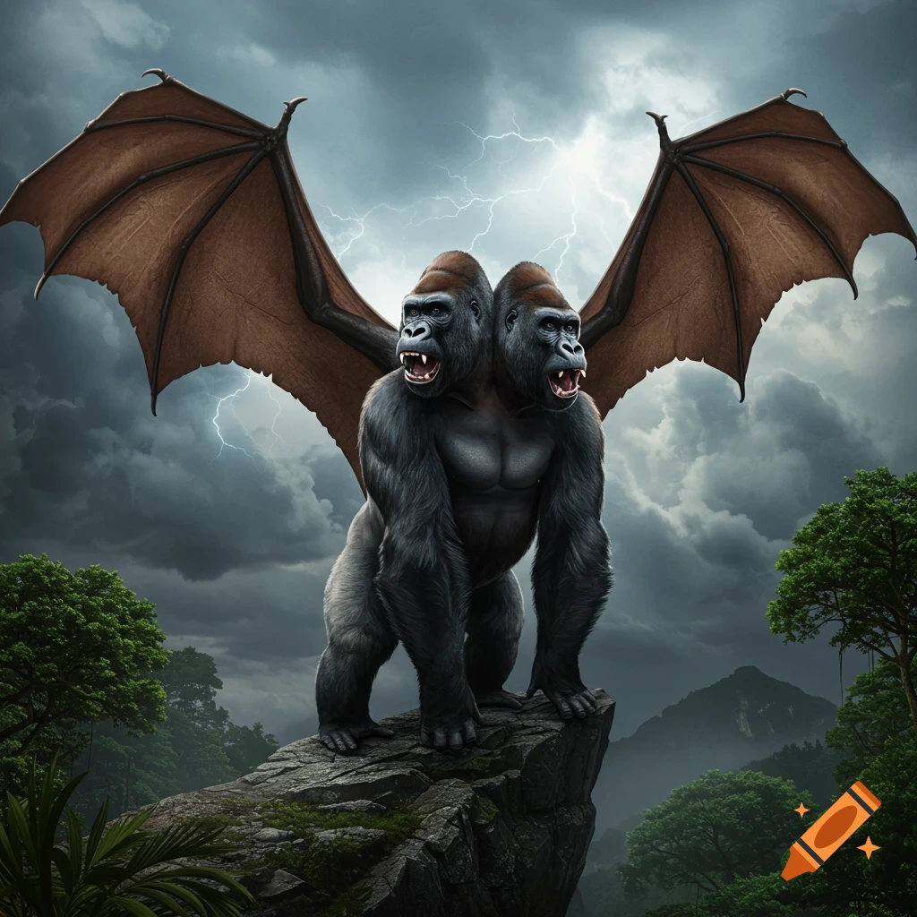 A two-headed gorilla with large bat wings stands on a rocky mountain peak under a stormy sky with lightning.