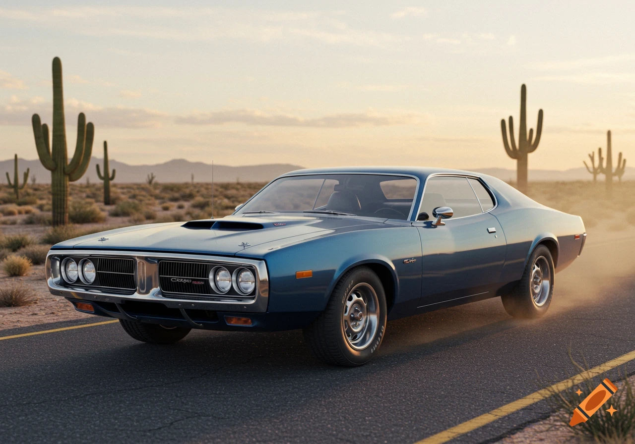 A blue 1971 Dodge Charger muscle car drives down a desert road with saguaro cacti under a soft sunset sky.