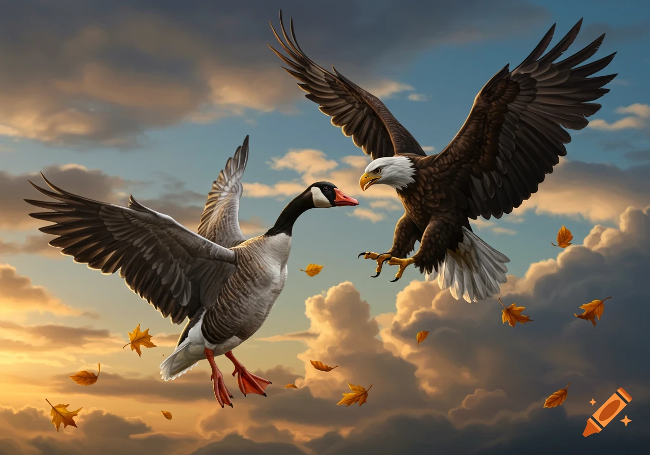 A majestic eagle and a goose fly against a dramatic sunset sky with falling autumn leaves.