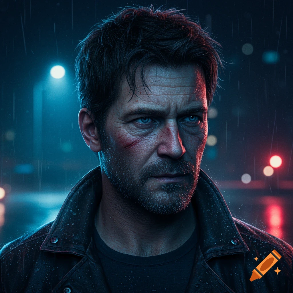 Close-up photorealistic portrait of a roughed-up man with blue eyes and facial scars, standing in the rain at night with city lights blurred in the background.