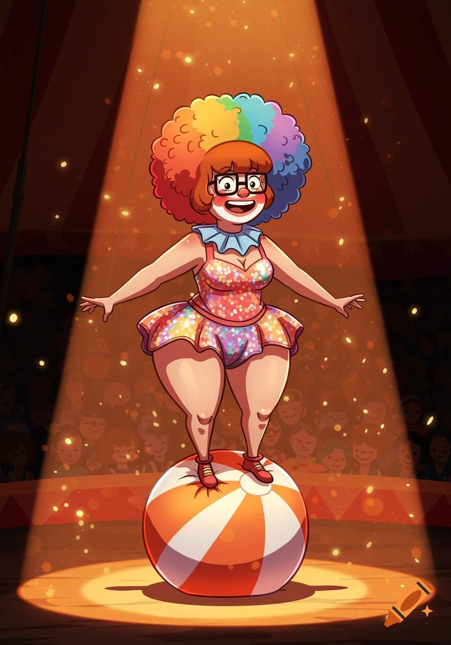 A cartoon clown with a rainbow afro and glasses balances on an orange and white striped ball under a spotlight in a circus tent.