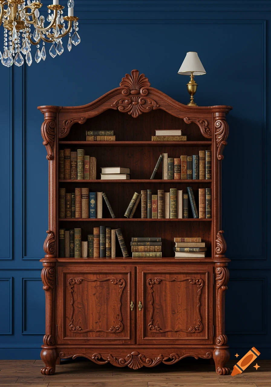 A detailed wooden bookshelf filled with old books, a lamp, and a chandelier, against a dark blue wall.