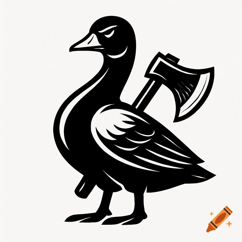 A black and white logo of an angry goose holding an axe.