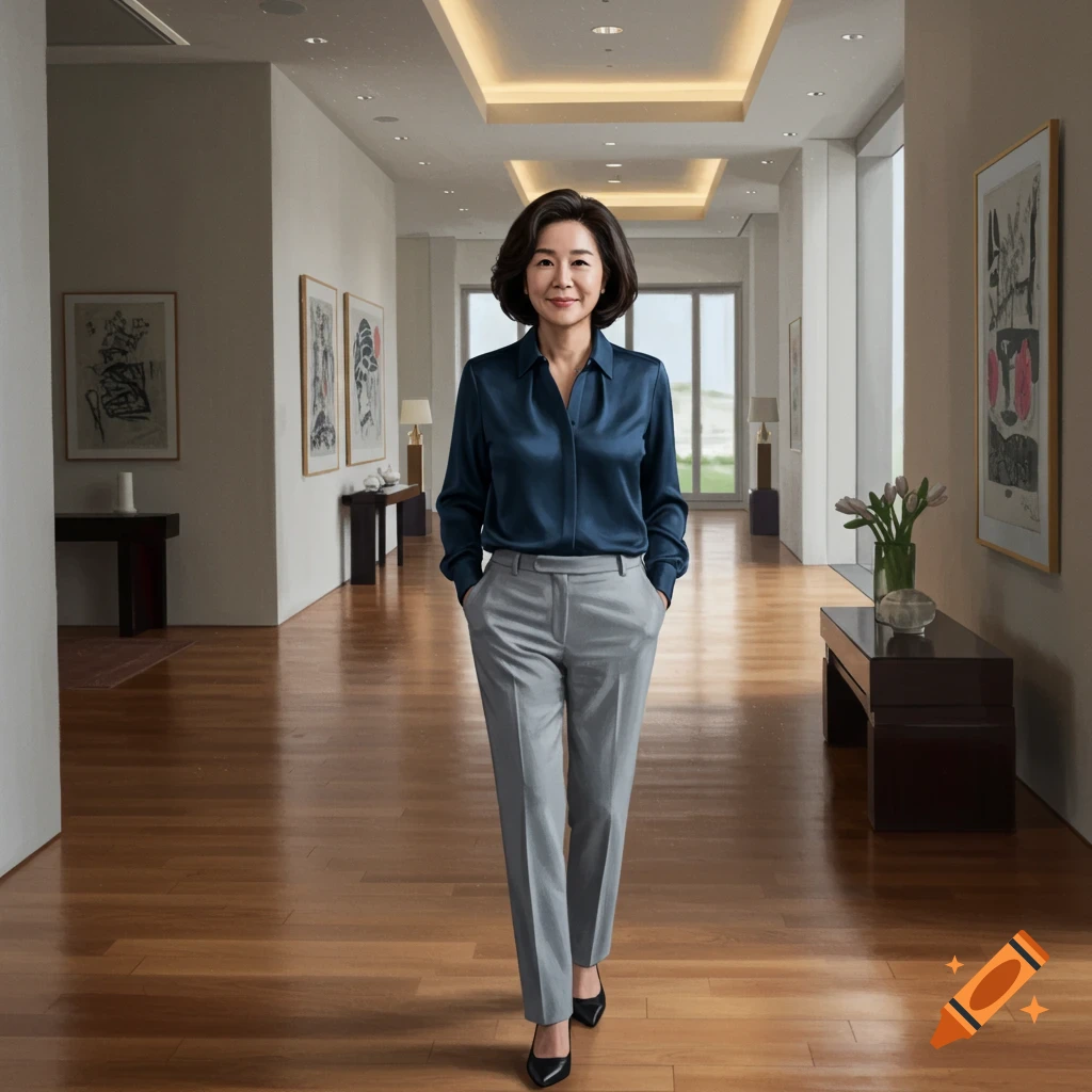 A Korean woman in a blue satin blouse and grey pants walks through a well-lit modern hallway with paintings.