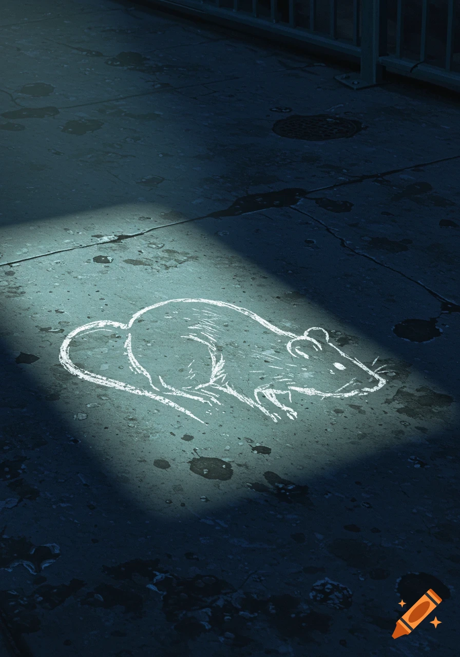A white chalk drawing of a rat on dark, wet pavement, illuminated by a spotlight.