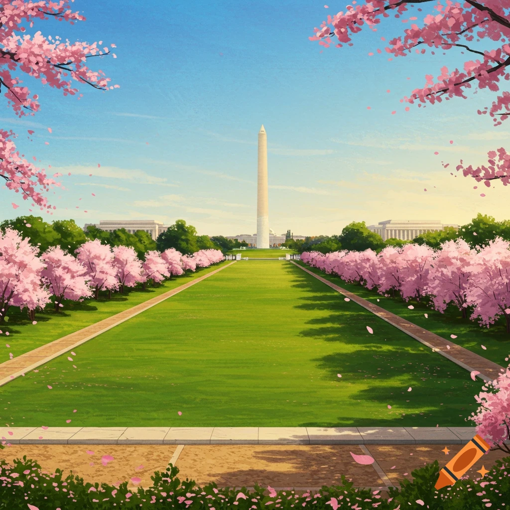 The Washington Monument and National Mall lined with pink cherry blossom trees under a bright blue sky, in an illustrated style.