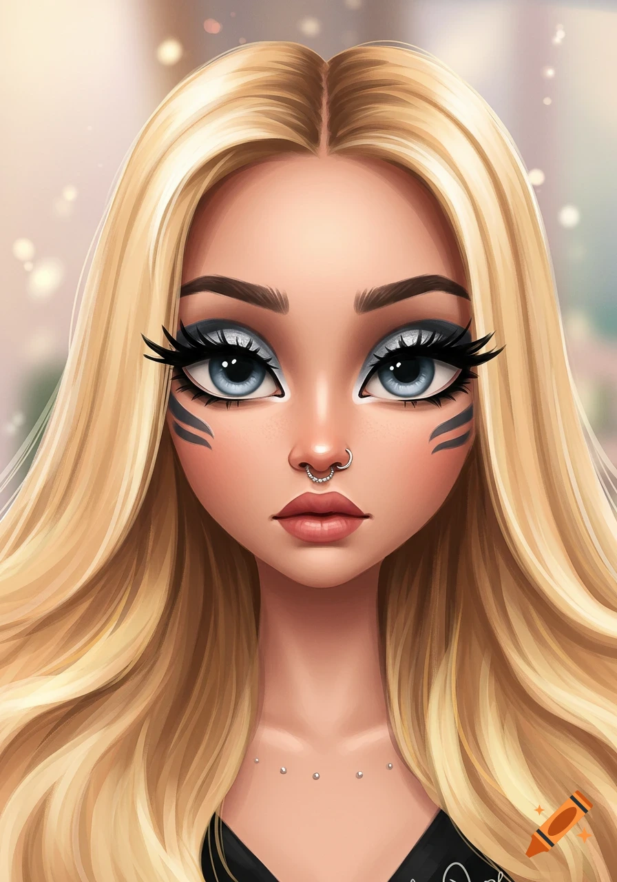 Close-up portrait of a stylized blonde woman with blue eyes, cat-eye makeup, and a nose ring, in a cartoon art style.