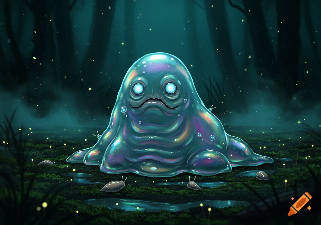 An iridescent, slimy creature with glowing eyes sits in a dark, misty fantasy forest with glowing plants and snails.