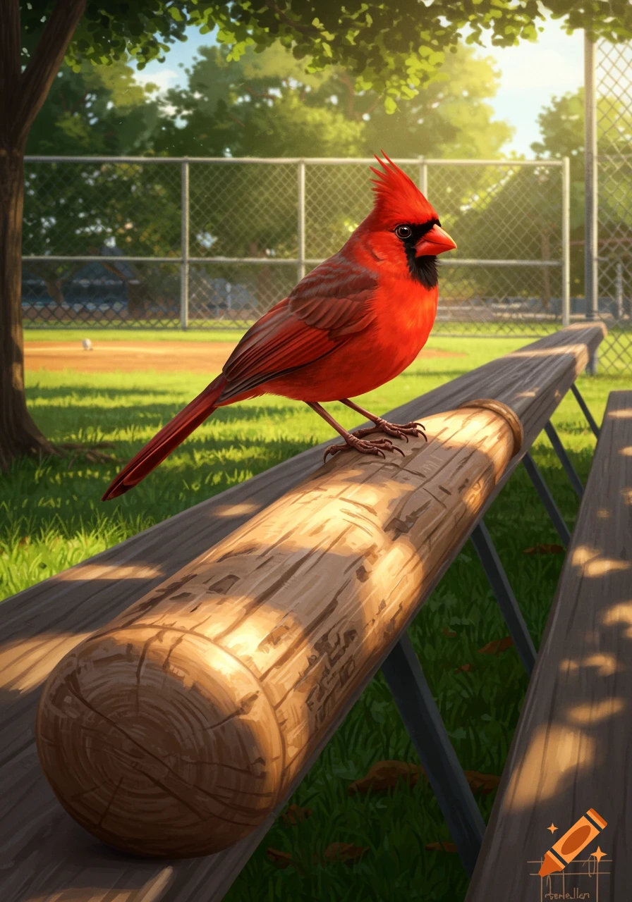 A vibrant red cardinal perches on a wooden baseball bat in a sunny park with a baseball field in the background, in an illustrative style.